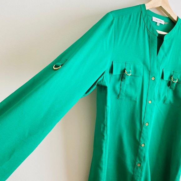 Calvin Klein green blouse with gold buttons - Picture 3 of 5